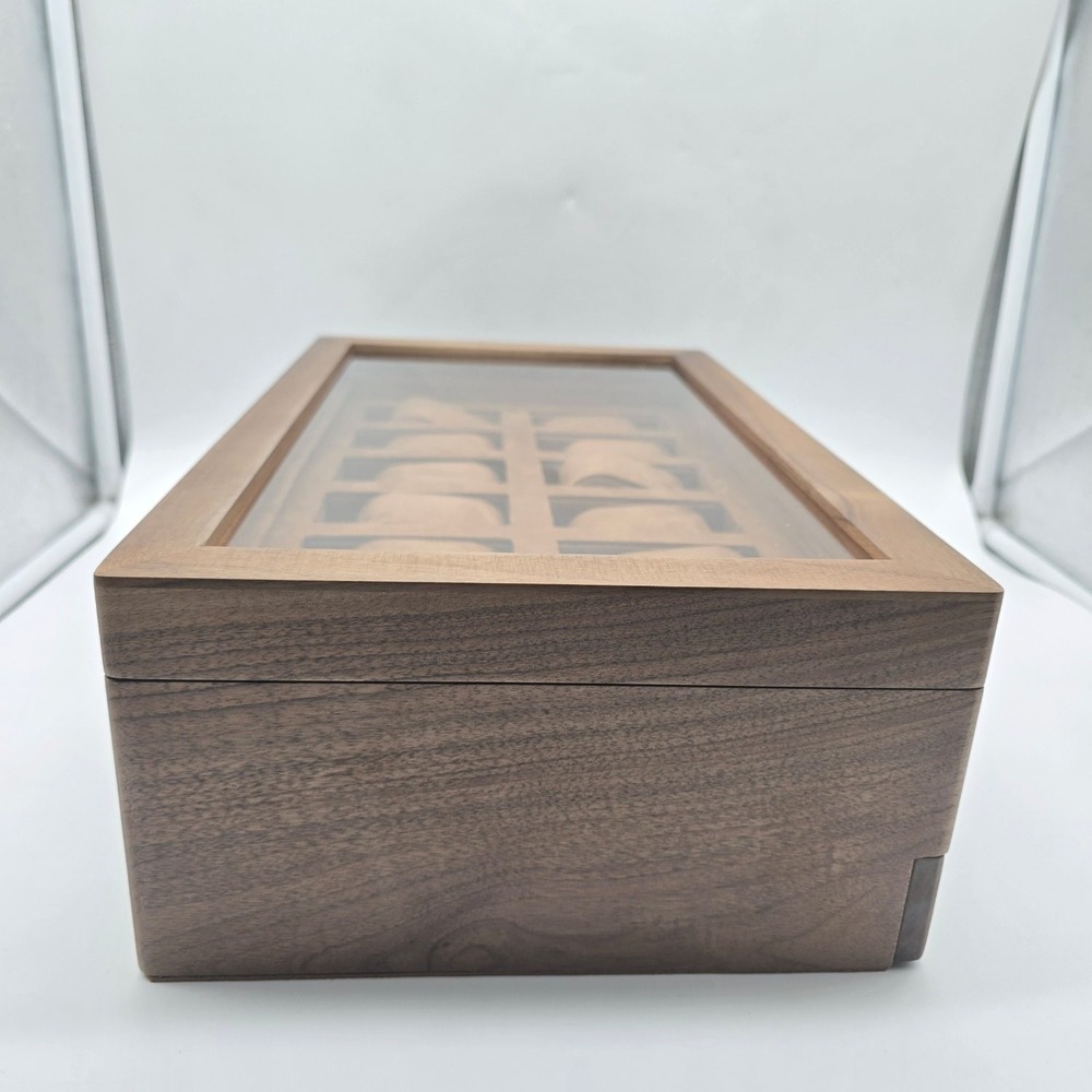 ROTHWELL 12-Slot Walnut Watch Box Glass Top Valet Drawer Lock Organizer Brown - Picture 5 of 11